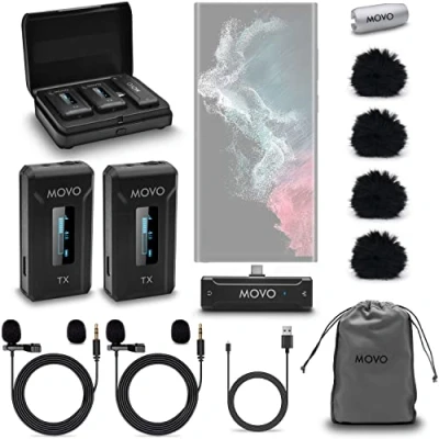 Abbildung von Movo WMX 2 C DUO Dual Wireless Lavalier Mikrofone für Android mit Ladehülle, Onboard Mikrofone, Clip on Lapel Mics, 7HR Akku, 100m Reichweite, einstellbare Verstärkung USB aufnahmen