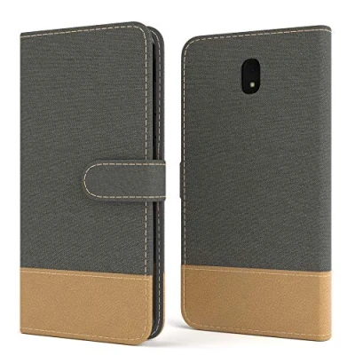 Abbildung von EAZY CASE Tasche kompatibel mit Samsung Galaxy J5 (2017) Stoff Schutzhülle Standfunktion Klapphülle Bookstyle, Handytasche Handyhülle Magnetverschluss und Kartenfach, Kunstleder, Anthrazit