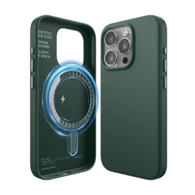 Abbildung von elago Magnetische Lederhülle Kompatibel mit iPhone 15 Pro Hülle, MagSafe, Premium Veganes PU Leder, Integrierte Starke Magnete, Rundumschutz [5 Lagen Struktur] (Nachtgrün)