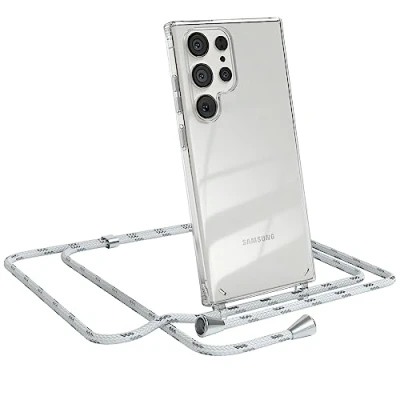 Abbildung von EAZY CASE Handykette kompatibel mit Samsung Galaxy S23 Ultra Kette zum Umhängen für Hülle Band aus Silikon transparente Handyhülle als Fallschutz in Weiß/Silber