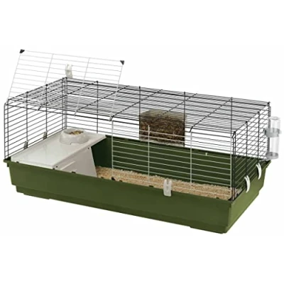 Abbildung von FERPLAST Nagetierkäfig Rabbit 120 für Kaninchen, Meerschweinchen, aus Metall, inklusive Zubehör: Futterkrippe, Trinkflasche, Haus, Schüssel. 118x58,5xh49,5cm