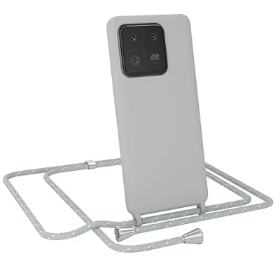 Abbildung von EAZY Case Silikon mit Kette kompatibel Xiaomi 13 Pro Stoßfest Handyhülle Band, Stylische Abnehmbar Necklace als Set in Grau Riemen Hellgrau/Weiß Endstücke Silber