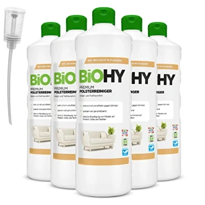 Abbildung von BiOHY Premium Polsterreiniger (6 x 1 Liter) + Dosierer Bio Konzentrat für Polstermöbel, Sofas, Teppiche &amp; Textilien Nasssauger andere Geräte geeignet geruchslösender Fleckentferner