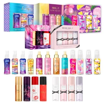 Abbildung von SO…? Damen Galore Body Mist Geschenkset Mixed Bundle by SO…?, Miss So...? Summer Escapes, Iconic, Unique, Mädchen Körperspray Geschenkset, Reisegröße Duft (4 x 50 ml) 5 Stück