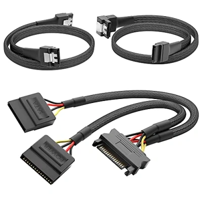 Abbildung von KabelDirekt hochflexibles SATA Kabel, Stromkabel Adapter 15 Pin auf 2x (30 cm) + 7 3 Datenkabel 6 Gbit/s, 90 gewinkelt (60 Gbit/s