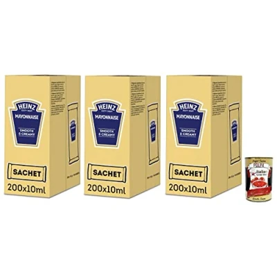 Abbildung von 3x Heinz Maionese,Mayonnaise Smooth &amp; Creamy,Jede Packung enthält 200 Einzeldosisbeutel à 10ml + Italian Gourmet Polpa di Pomodoro 400g Dose