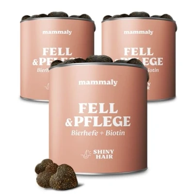 Abbildung von mammaly Fellpflege Leckerli Hunde mit Bierhefe + Biotin (3X Sparpaket) Shiny Hair Snacks gegen Haarausfall &amp; Juckreiz Probiotika Vitamin C, E, D3, Beta Carotin, Zink für glänzendes Fell