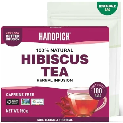 Abbildung von HANDPICK Hibiskus Kräutertee 100 Umweltfreundliche Runde Teebeutel Koffeinfrei Aus 100 % Reinen Hibiskusblüten Nicht GVO Vakuumversiegelt für Frische