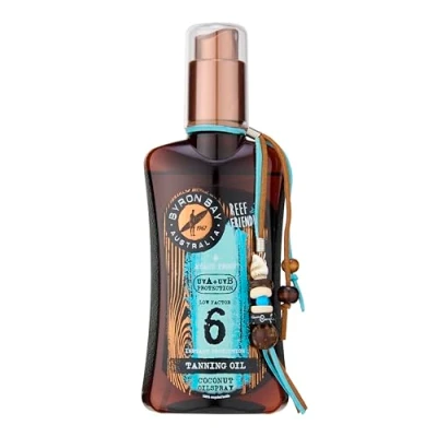 Abbildung von Sonnenöl Kokos Spray LSF 6 von BYRON BAY 200ml Kokosnussöl für Körper Tiefenbräune Sonnen ÖL mit sommerlichen Kokosduft