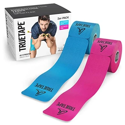 Abbildung von TRUETAPE® Kinesiotape PRO Precut DUO Pack 2 x 20 vorgeschnittene Streifen (25 cm 5 cm) Wasserfeste &amp; Elastische Kinesiotapes Physiotape mit starker Klebekraft für den Sport Blau Pink