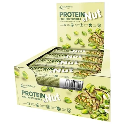 Abbildung von IronMaxx Protein &amp; Nut Proteinriegel Pistachio White Choc 12 x 45g High Bar mit echten Pistazien Eiweißriegel glutenfrei, ohne zugesetzte Zucker und palmölfrei