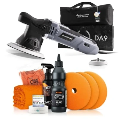 Abbildung von Poliermaschinen Set: chemicalworkz DA9 Exzenter Poliermaschine + ADBL One Step Politur Royal Pads Polierpads Zubehör Auto Lack Politur, Kratzer entfernen, Aufbereitung 8 teilig