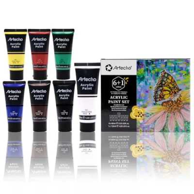 Abbildung von Artecho Acrylfarben Set Professional 6x60 ml &amp; 1x120 Titanweiß Tube, Wasserfest und Lichtecht, Schnell Trocknend, ideal für Leinwand, Papier Stoffe.
