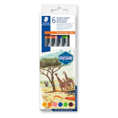 Abbildung von STAEDTLER Doppelfasermaler wasservermalbar, für Aquarell Effekte, zwei Linienbreiten, feine Spitze und breite Pinselspitze, Kartonetui mit 6 brillanten Farben, 3001 C6 3