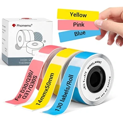 Abbildung von Phomemo Farbetiketten für D30 Q30 Etikettendrucker, Kompatibel mit Colorwing Q30, D30/Q31/Q30S Etikettiergerät, 14 x 50mm (Gelb/Rosa/Blau) Etiketten 130 Etiketten/Rolle, 3 Rollen