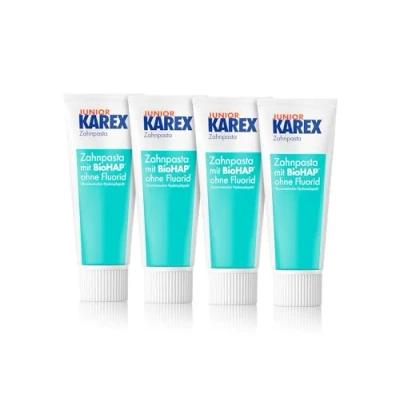 Abbildung von Junior KAREX Zahnpasta 4 x 65 ml Kariesschutz für Kinder ab 6 Jahren mit BioHAP die speziellen Bedürfnisse des Wechselgebisses von Kindern repariert kleine Defekte am Zahnschmelz