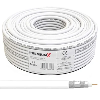 Abbildung von Premium X 25m Profi Koaxialkabel Kupfer 135dB 4 Fach SAT Antennenkabel Koax Kabel DVB S / S2 C T BK Anlagen Satellitenkabel