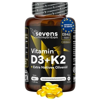 Abbildung von Vitamin D3 K2 4000 IE +Vitamin MK7 200 mcg Hochdosiert, optimal bioverfügbar ohne unnötige Zusätze mit Extra Vergine Olivenöl 180 Kapseln Sevens