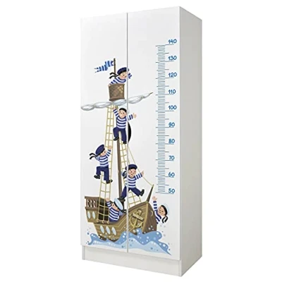 Abbildung von Leomark Weiß zweitüriger Kleiderschrank für Kinder Roma funktionaler Schwebetürenschrank, Dim: 70 x 42,5 161,5 (H) cm, Kommode, Schrank, Möbel Kinder, UV Druck: Matrosen