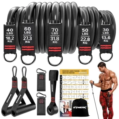 Abbildung von GYMERK Resistance Bands Set, Expander Fitness Mit Gummigriffe, Trainingsplakat, Knöchelriemen, Türanker, Tragtasche, 5er Verschiedene Widerstandsstufen Ideal für Krafttraining
