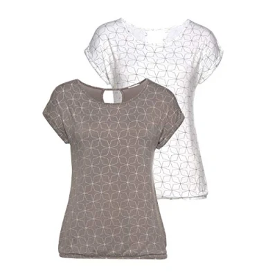 Abbildung von Lascana 2 PACK Tshirt print, Damen, Größe: 48/50, Taupe / weiß