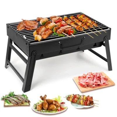 Abbildung von Holzkohlegrills Tragbarer Grill Edelstahl Holzkohle Smoker Char Broil BBQ Pit für Outdoor Camping (Mittel), Schwarz