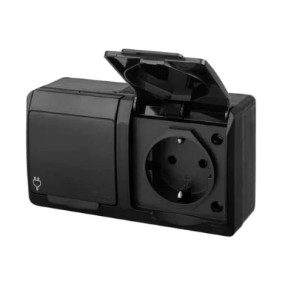 Abbildung von asvendo elektro HERMES moderne Aufputz Serie/Lichtschalter/Doppelschalter/Steckdose mehrfach / IP44 Wassergeschützt/Außenbereich/Schwarz (2 fach Steckdose)