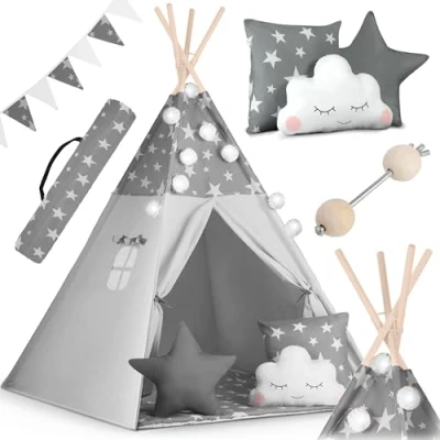 Abbildung von NUKIDO Kinderzelt Tipi Zelt Baumwolle Holzrahmen Bezauberndes Design Entwicklungsförderung Leicht zu reinigen 120x120x165cm Girlanden Lichter Grau
