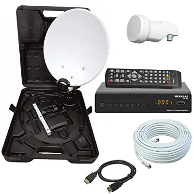 Abbildung von netshop 25 Camping SAT Koffer 40cm Spiegel + HD Receiver (12V &amp; 220V) Single LNB 10m Kabel