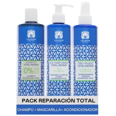 Abbildung von Valquer Professional Hair Pack Total Reparatur für strapaziertes Haar: Zero% Shampoo 400 ml + Eiseffektmaske 300 Zweiphasen Conditioner (1300 g 3 Einheiten)