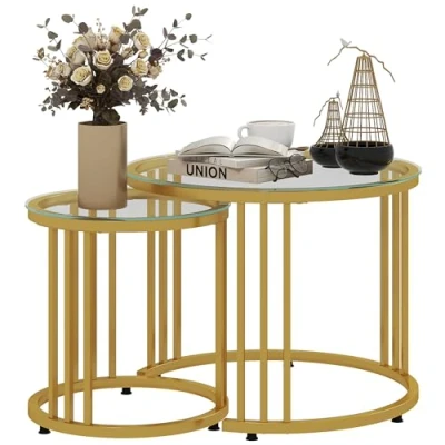 Abbildung von HOMCOM Couchtisch runde Couchtische Set von 2 mit gehärtetem Glas und Stahlrahmen (Beistelltisch, St., Schachteltisch), für Wohnzimmer, Gold