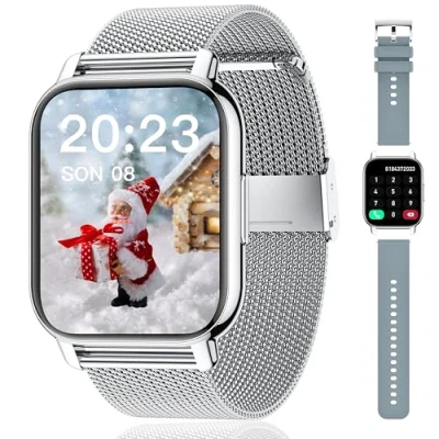 Abbildung von Popglory Smartwatch für Damen Herren, 1.85 Zoll Touch Farbdisplay mit Bluetooth Anrufe,Fitnessuhr SpO2 Blutdruckmessung Herzfrequenz Schrittzähler Schlafmonitor, Musikwiedergabe, Silber,Grau