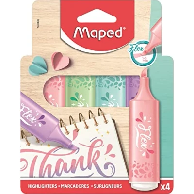 Abbildung von Maped 4 Textmarker Flex Pastell abgeschrägte Spitze und flexibel mit langer Lebensdauer für Schule, Lettering, Bullet Journal Profi Pastellfarben zufällig