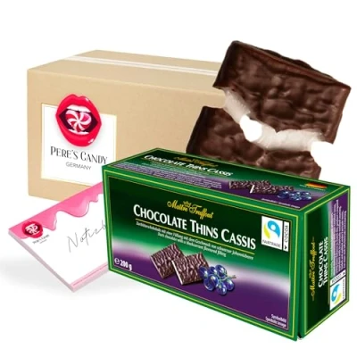 Abbildung von 3 x Chocolate Thins Cassis Zartbitter Täfelchen schwarze Johannisbeere 200g mit Geschenk von Pere&#039;s Candy