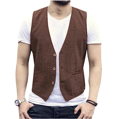 Abbildung von AeoTeokey Herren Sommer Leinenweste Anzug Weste Casual Regular Fit(Kaffee,4XL)