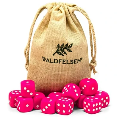 Abbildung von Waldfelsen 6, 12, 20, 30 oder 50 hochqualitative Würfel Standardgröße 16 mm Acrylwürfel Knobel Spielwürfel Dice 6 seitig sechsseitig Spielzubehör Set mit Stoffbeutel (Pink, 12 Stück)