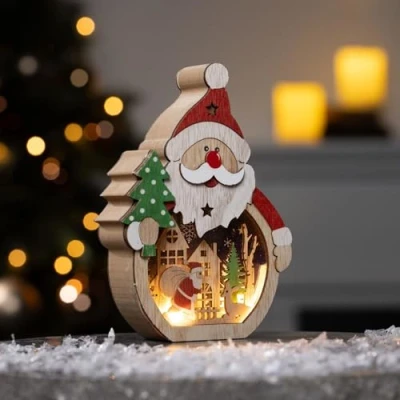 Abbildung von Bambelaa! LED Weihnachts Holzdekoration Weihnachtsmann ca. 11 x 3 15,8 cm mit 5 warmweißen LEDs Weihnachtsdeko aus Holz für Innen