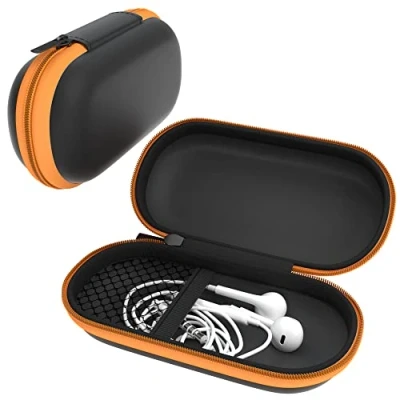 Abbildung von EAZY CASE Universal Tasche für In Ear Kopfhörer mit Netzfach Hardcase Aufbewahrungsbox, Schutztasche umlaufenden Reißverschluss, extra klein, oval, Orange