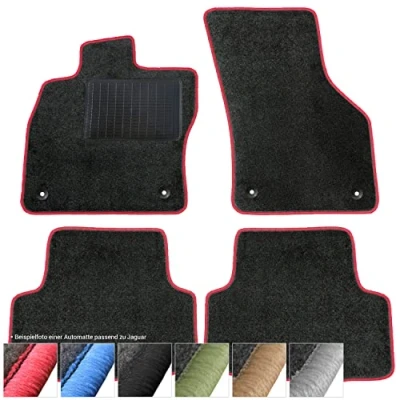 Abbildung von moto MOLTICO Fußmatten Auto Velours Autoteppiche Schwarz Automatten Set 4 teilig passend für Jaguar F Pace ab 2016 (Rote Ziernähte)