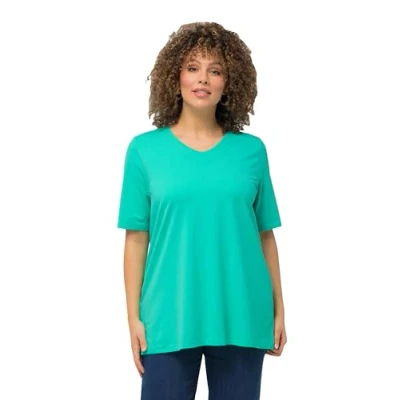 Abbildung von Ulla Popken Vausschnitt Halbarm Tshirt basic, Damen, Größe: 42/44, Turquoise green