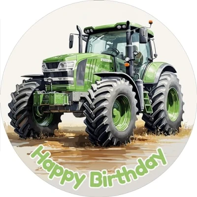 Abbildung von Tortenbild 20cm Happy &quot;Birthday Traktor Grün&quot; essbarer Tortenaufleger rund aus Premium Dekor Papier