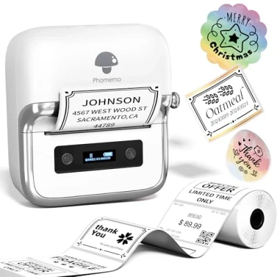 Abbildung von Phomemo M250 Etikettendrucker, Tragbarer Ettikettendrucker Etikettiergerät Bluetooth Thermo Beschriftungsgerät Barcode, Einzelhandel, kleine Unternehmen, Mit Smartphone &amp; PC, 1 Rollen Etiketten