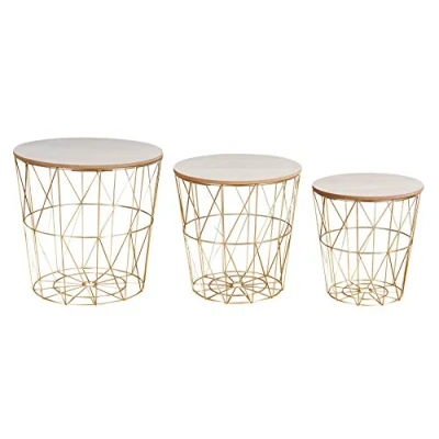 Abbildung von levandeo 3er Set Beistelltisch Metall Metallkorb Drahtkorb Gold Couchtisch Deckel Aufbewahrung Design Deko Tisch