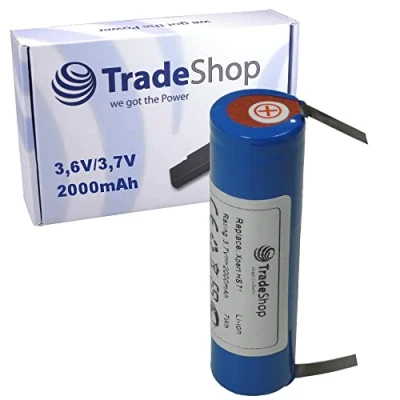 Abbildung von Li Ion Akku 3,6V/3,7V 2000mAh Zelle kompatibel mit Bosch IXO (67mm x 18,5mm U Lötfahnen 5mm)