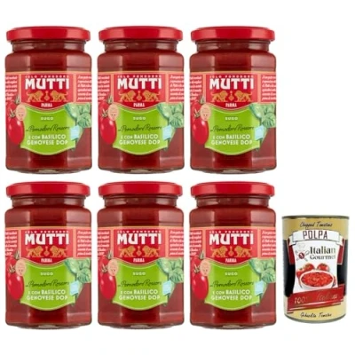 Abbildung von 12x Mutti Sugo con Basilico,Sauce mit Rossoro Tomate und Genuesischem Basilikum DOP,Italienische Tomatensauce 280g + Italian Gourmet Polpa di Pomodoro 400g Dose