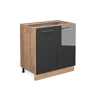 Abbildung von Vicco Spülenunterschrank Fame Line, Anthrazit Hochglanz/Goldkraft Eiche, 80 cm mit Regal, ohne Arbeitsplatte