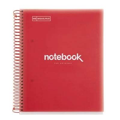 Abbildung von Miquelrius Notizbuch A5 Notebook Emotions, 120 Blatt 90 g/m², Raster 5 x mm, Farbige Streifen, Mikroperforierte Spirale, Polypropyleneinband, Rot