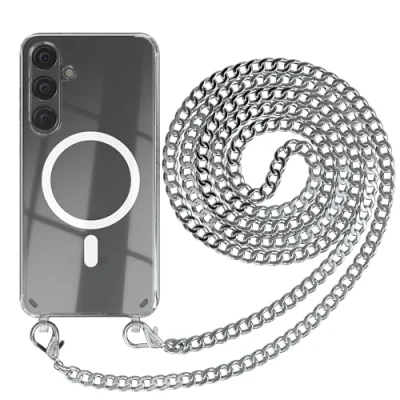 Abbildung von EAZY CASE Handykette kompatibel mit Samsung Galaxy S24 Plus Kette zum Umhängen Stoßfest Handyhülle für Silikon Hülle Band aus Metall Handytasche Transparent Fallschutz in Silber