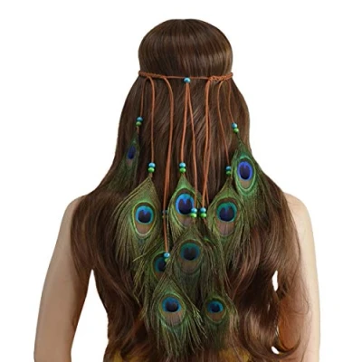 Abbildung von Repuhand Böhmische Pfau Feder Kopfschmuck Stirnband Flechten Haar Band Zubehoer fuer Damen