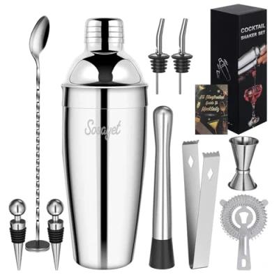 Abbildung von Sosayet Cocktail Shaker Set, 10 teiliges Edelstahl Set mit Zubehör &amp; Rezeptkarten, 750 mL Barkeeper für Anfänger Profis Geschenk Männer
